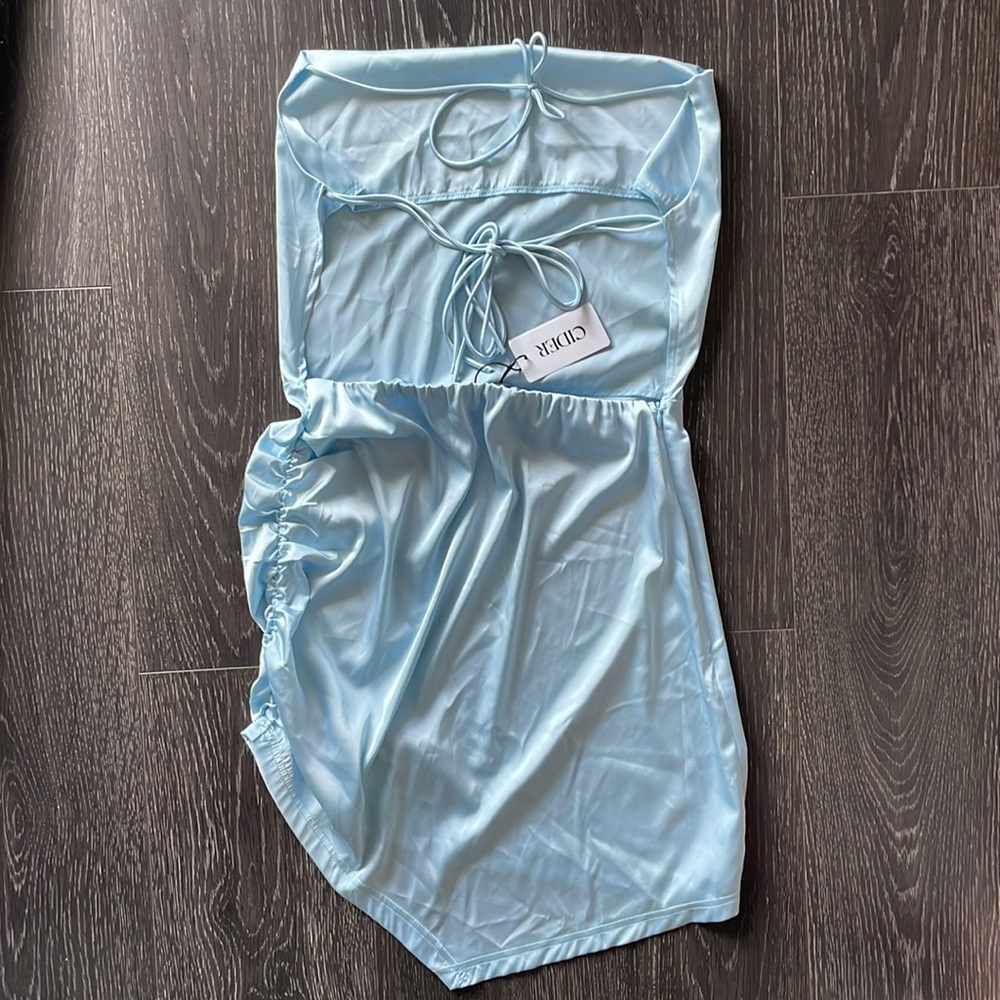 Cider Solid Cowl Neck Ruched Mini Dress, Large - Picture 6 of 8